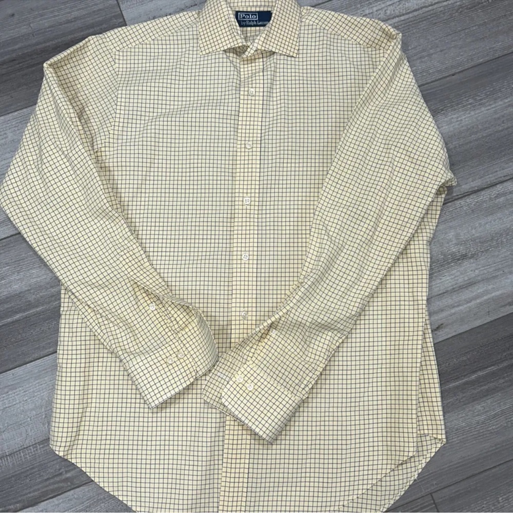 Yellow And Blue Gingham Check Polo By Ralph Lauren Men’s Dress Shirt Sz 16 34/35